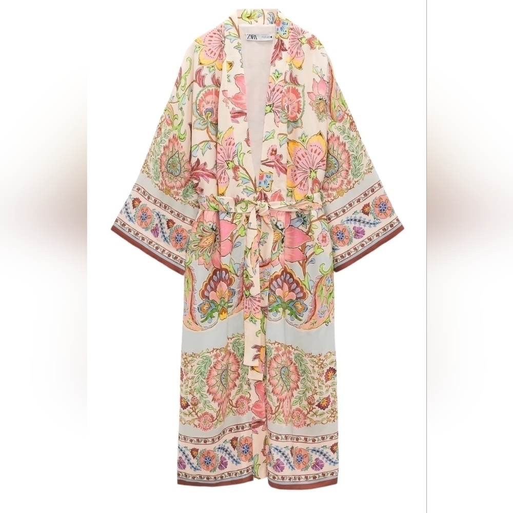 Zara Floral Pink Green Multicolor Printed Kimono Jacket With Belt Sz Small NWT - Picture 3 of 10